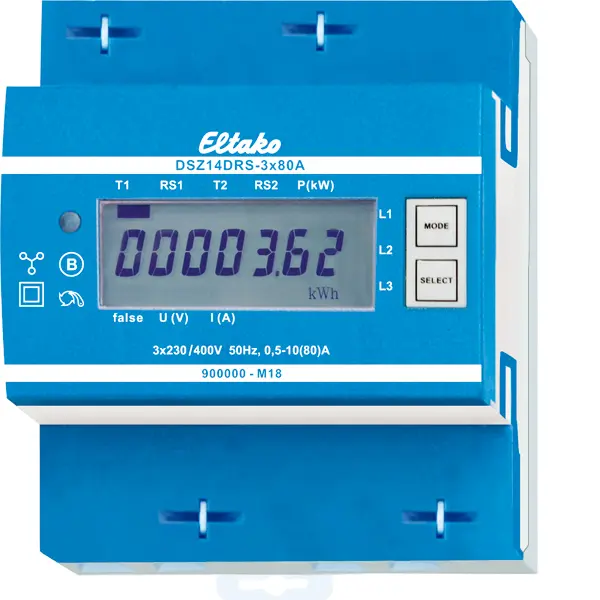 DSZ14DRS-3x80A. Standard kWh måler TN/IT nett. Digital. 4 moduler. Serie 14 