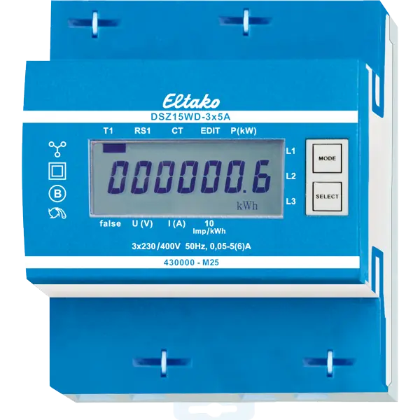 DSZ15WD-3x5A. Standard kWh måler. TN/IT nett. Digital. 4 moduler. MID. 