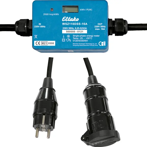 Mobil 1 fas kWh måler. 16A. 2P+J. IP54. Plugg og støpsel IP44. 3x2,5mm 