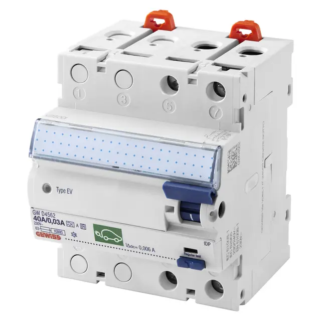 GWD4562. Jordfeilbr. EV. 2P. 40A. EV 30mA. RDC-M 6mA DC. 4 moduler 