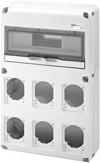 GW68008N. Uttaksentral Q-DIN 14. 14 mod IP65. 6 x industrikontakter 16/32A IP44/