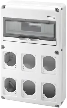 GW68008N. Uttaksentral Q-DIN 14. 14 mod IP65. 6 x industrikontakter 16/32A IP44/ 