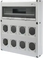 GW68013N. Uttaksentral Q-DIN 20. 20 mod IP65. 8 x industrikontakter 16/32A IP44/