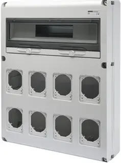 GW68013N. Uttaksentral Q-DIN 20. 20 mod IP65. 8 x industrikontakter 16/32A IP44/