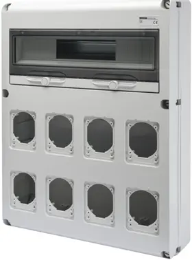 GW68013N. Uttaksentral Q-DIN 20. 20 mod IP65. 8 x industrikontakter 16/32A IP44/ 